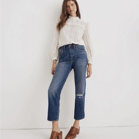Madewell Classic Straight Jeans in Jade Wash: Knee-Rip Edition Size 27 - Picture 2 of 12